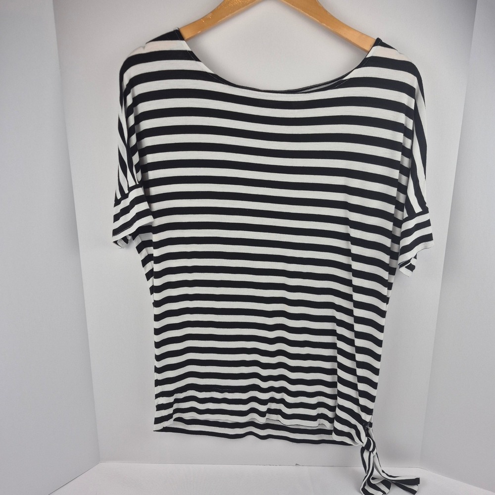 Chico's Black White Striped Tie Waist Dolman‎ Sleeve Top Womens Sz 1 Travel Chic
